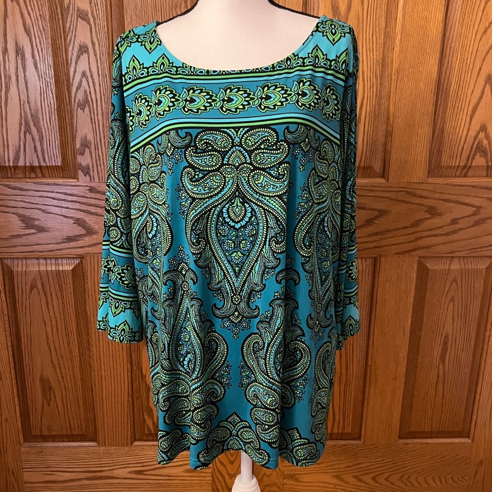 Bob Mackie Wearable Art Tunic in Bright Turquoise, Green & Black, Size 2XL